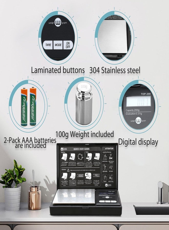 Weigh Gram ميزان رقمي صغير للجيب، سعة 200 غرام، بدقة 0.01 غرام، ميزان صغير للأطعمة والمجوهرات والحبوب، مع معايرة وزن 100 غرام. - Image 3